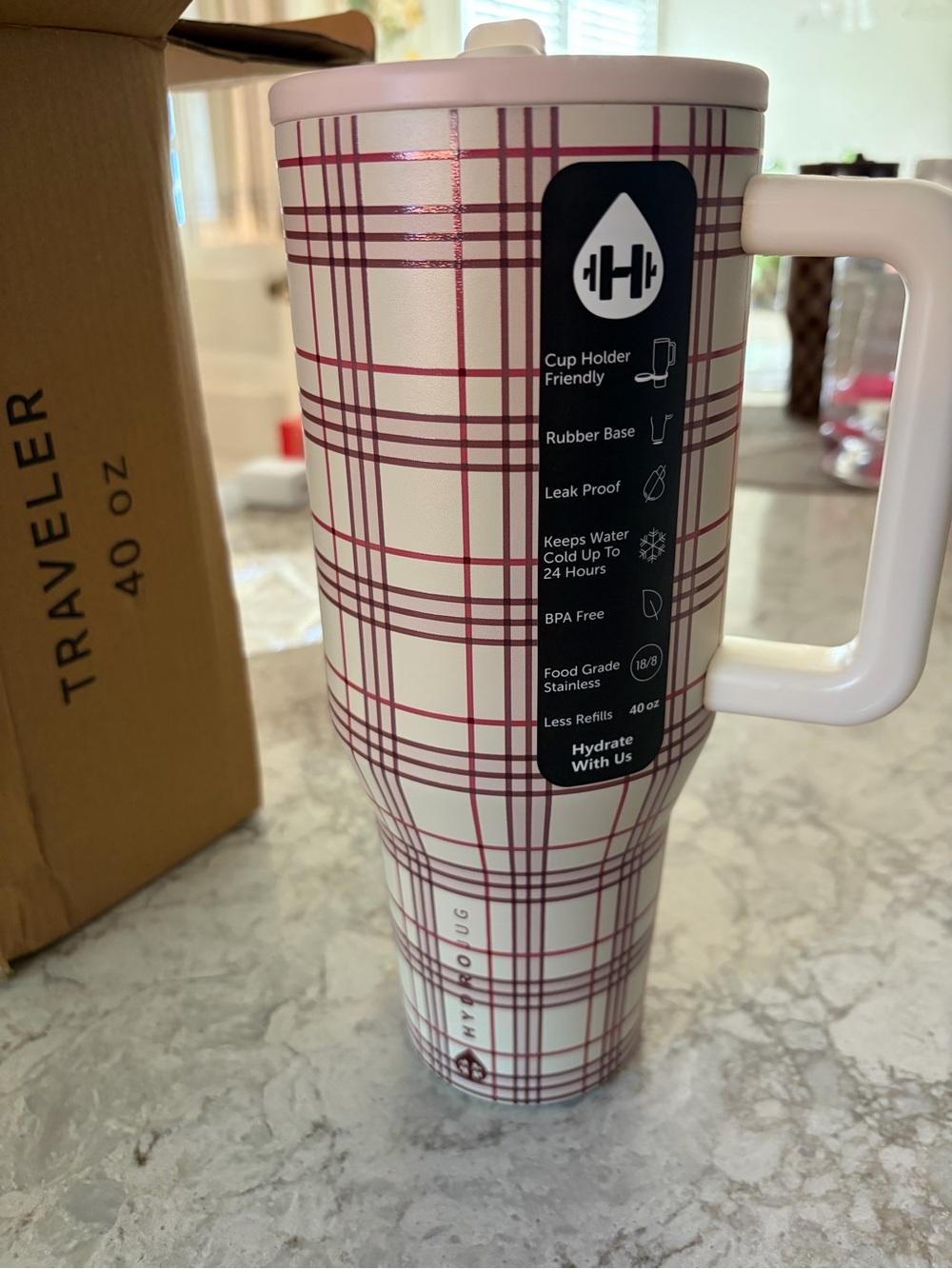 HydroJug Cream & Burgundy Plaid 40oz Insulated Traveler Mug with Handle